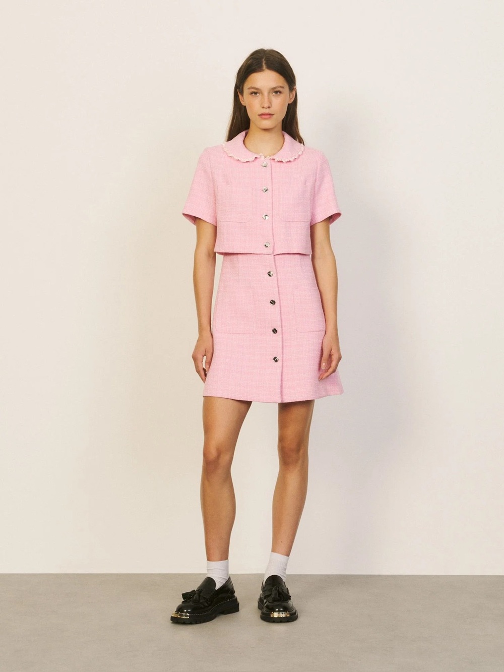Sandro Pink Tweed Button-Down Mini Skirt